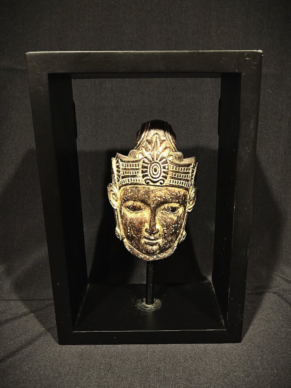 Ornate Carved Deity Head in Display Shadow Box – Wall Hanging or Shelf Display